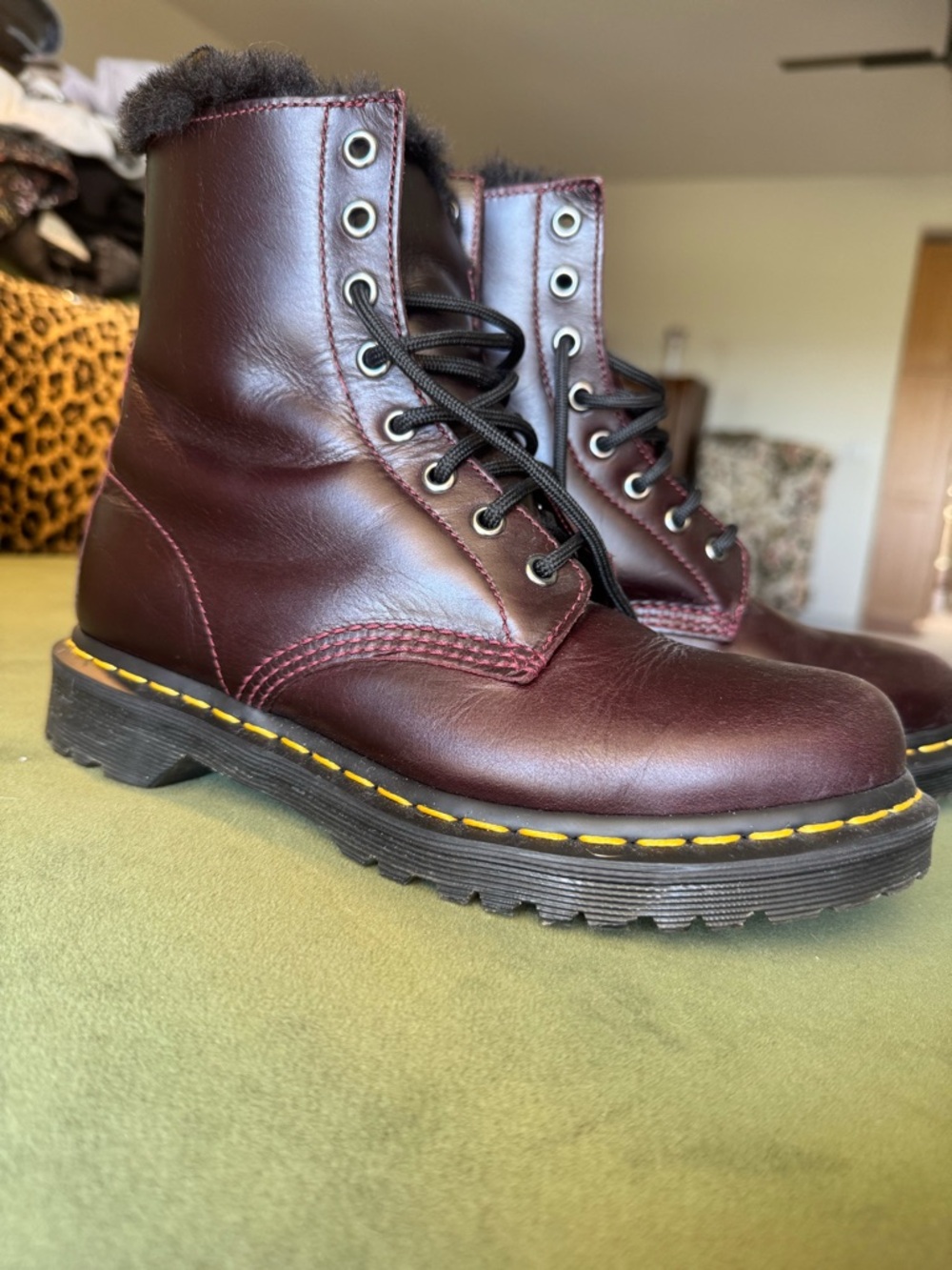 Dr. Martens Burgundy Leather Lace-Up Boots with Black Sole and Yellow Stitching